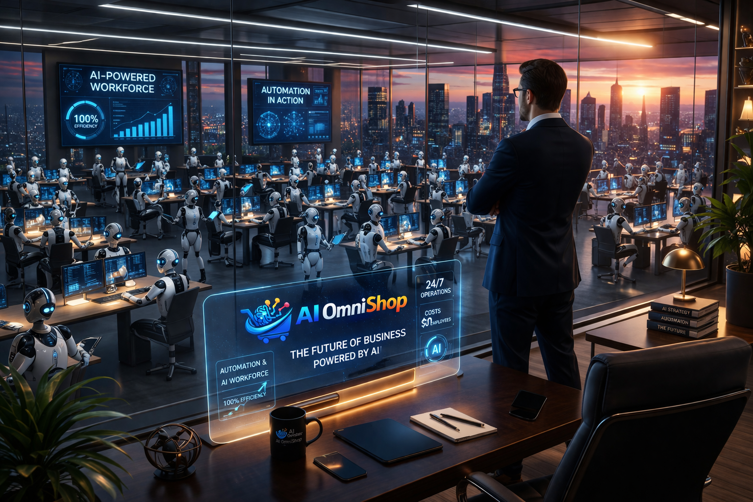 Futuristic office overseeing AI workforce